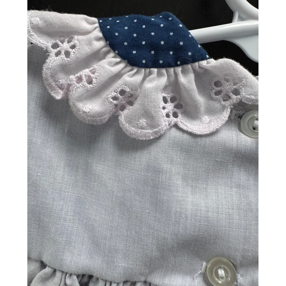 Vintage Alexis Girls Navy Blue Polka Dot Eyelet Lace Dress 18 Months Made in USA
